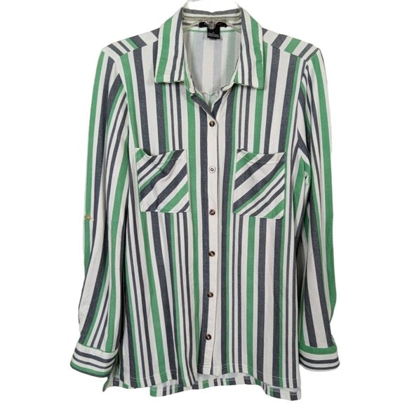 Robert Louis tab sleeve button‎ up green gray white stripe blouse size M - Picture 1 of 9